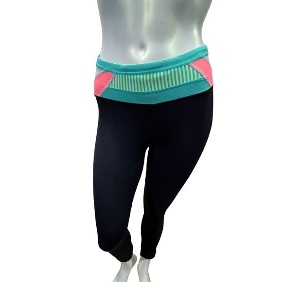 Lululemon Black Yoga Leggings with Turquoise/Coral Striped Waistband - Size 4 - Picture 4 of 16